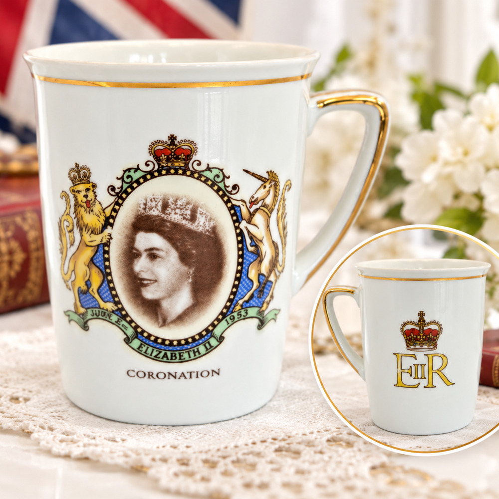 1953 Queen Elizabeth II Coronation Mug Durham China England Royal Coat Arms 4”